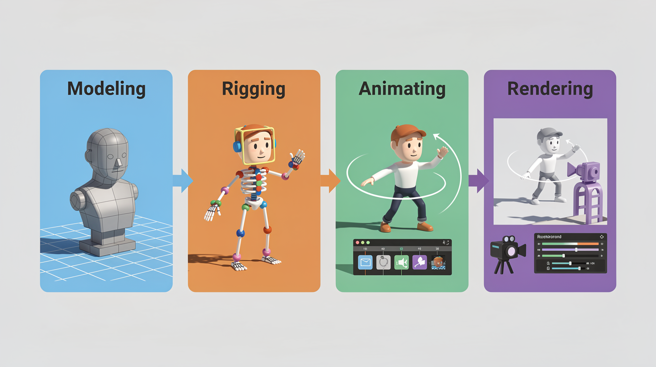 3D 애니메이션 제작 과정 4단계(모델링, 리깅, 애니메이팅, 렌더링)를 설명하는 인포그래픽 이미지