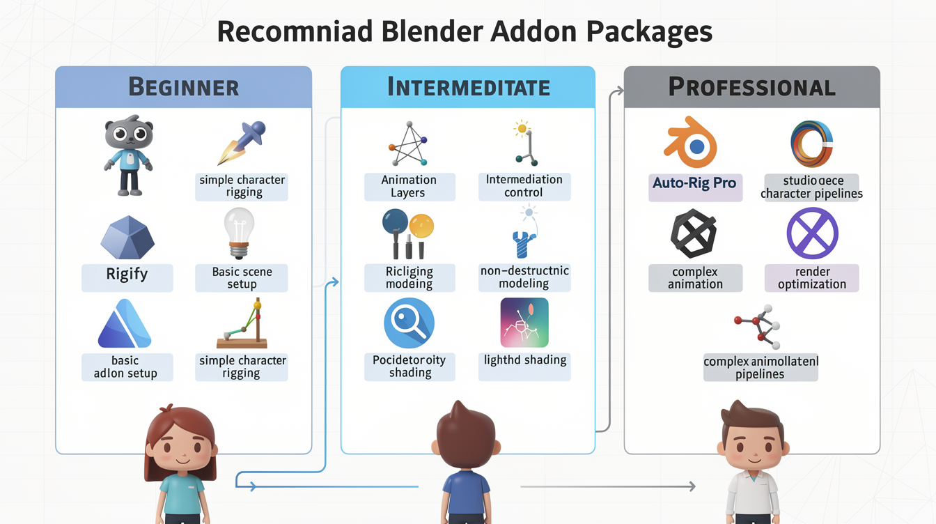 사용자 레벨별 추천 Blender 애드온 패키지와 조합 안내 인포그래픽