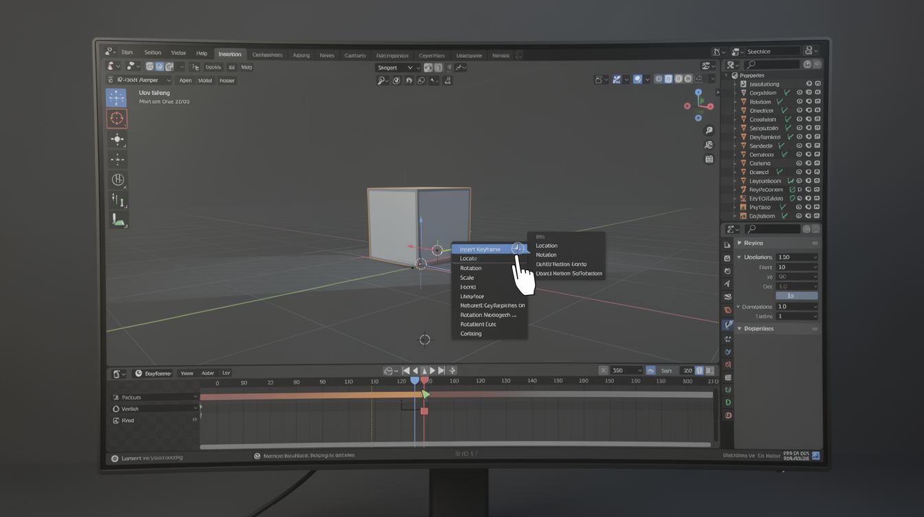 Blender 3D 뷰포트에서 키프레임 삽입 중인 모습과 마우스 위치 확인 장면