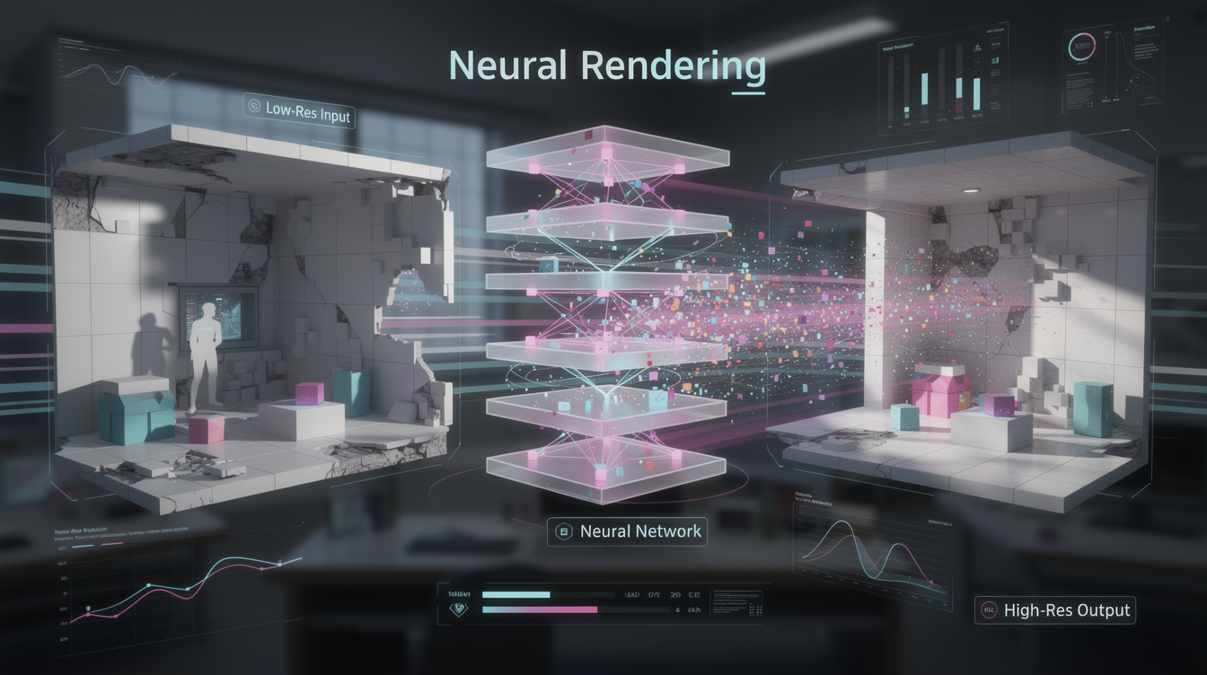 뉴럴 렌더링 기술이 저해상도 3D 장면을 고해상도로 변환하는 과정을 시각화한 이미지