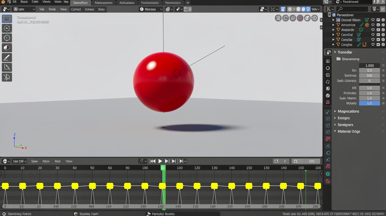 Blender에서 통통 튀는 공 애니메이션 작업 장면
