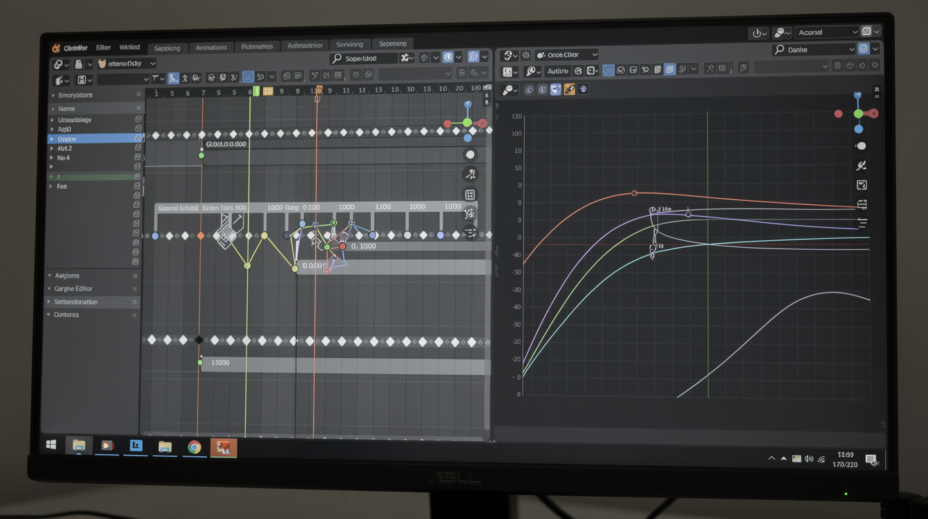 Blender에서 Dope Sheet와 Graph Editor를 사용하여 키프레임 값과 애니메이션 곡선을 확인하는 모습