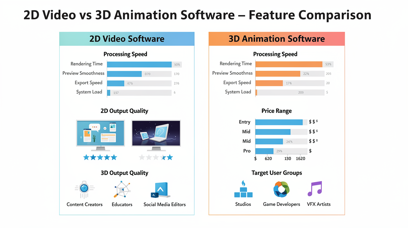 2D 영상 3D 애니메이션 변환 소프트웨어의 성능 비교표를 시각화한 인포그래픽 이미지