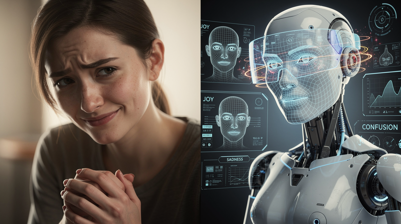 복잡한 감정 표현을 하는 3D 캐릭터와 이를 완벽히 재현하지 못하는 AI의 한계를 시각화한 이미지