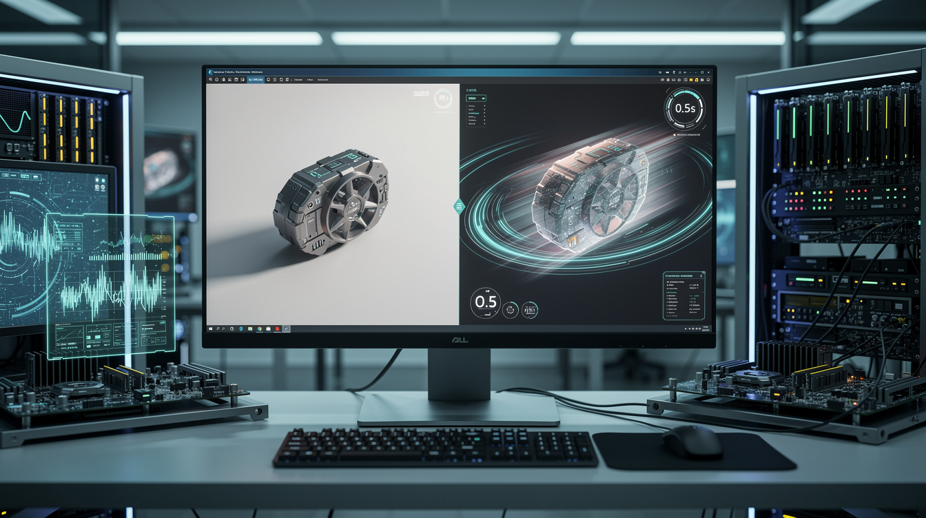 최신 AI 기술로 0.5초 만에 2D 이미지에서 고품질 3D 모델이 생성되는 모습을 표현한 이미지