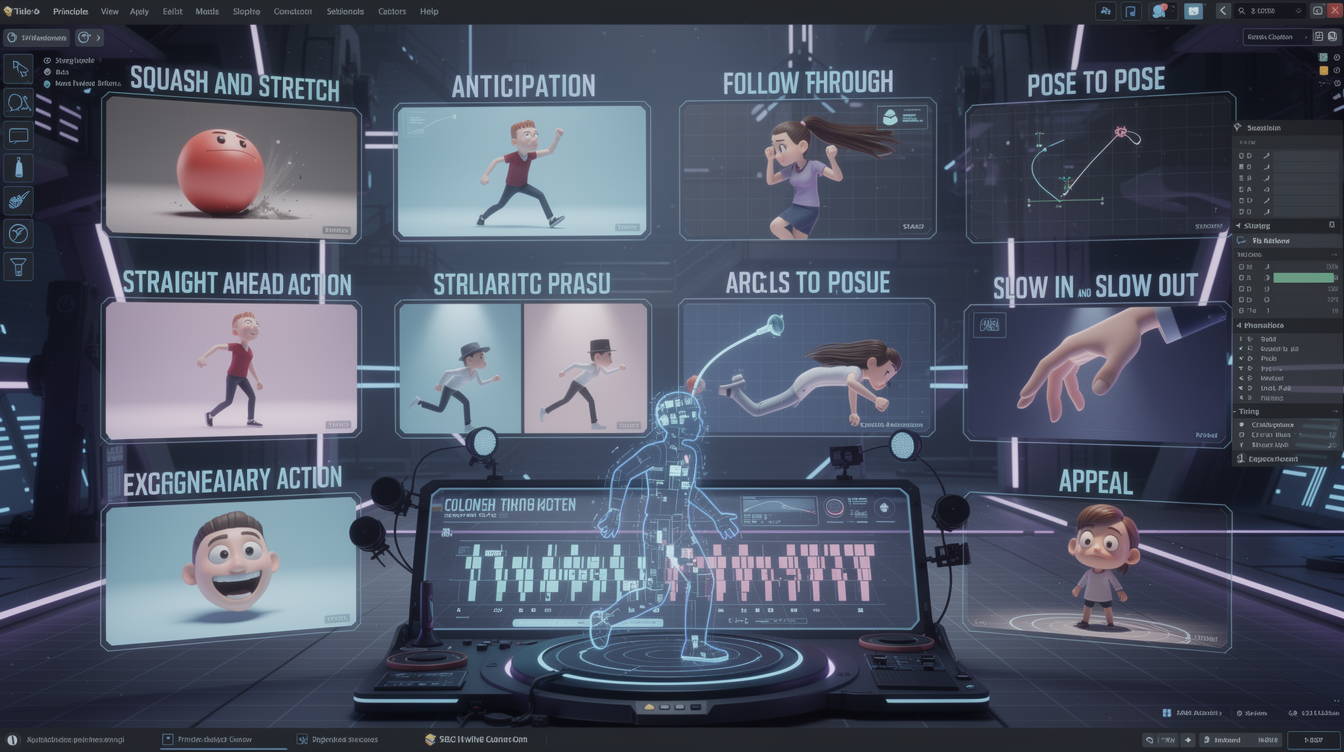 3D 애니메이션 12원리와 핵심 애니메이션 기법을 시각적으로 표현한 이미지