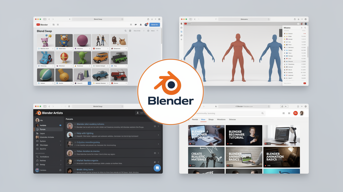 Blender 커뮤니티와 학습 자료를 대표하는 웹사이트와 유튜브 채널들