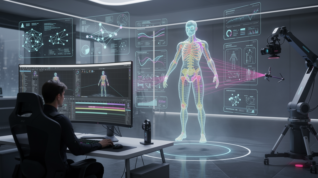 AI 기반 애니메이션 보조 툴이 캐릭터 리깅과 포즈 자동화에 도움을 주는 미래형 이미지
