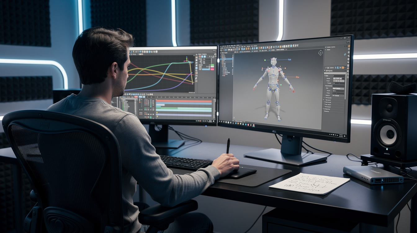 Maya 3D 애니메이션의 핵심 기능인 그래프 에디터와 리깅 시스템을 사용하는 전문가 애니메이터 모습