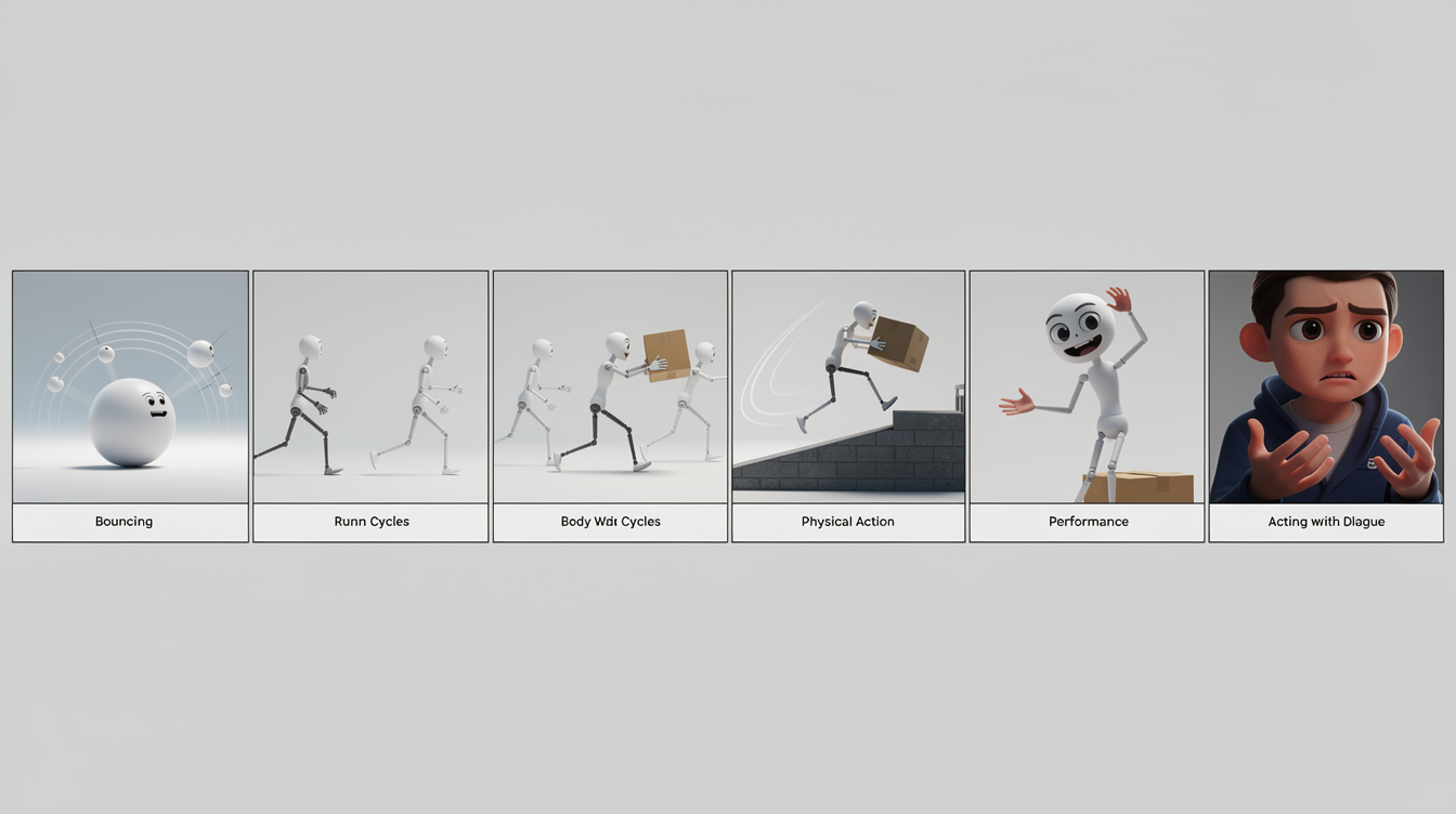 3D 애니메이션 포트폴리오 제작 로드맵을 단계별로 보여주는 스토리보드 형식 이미지