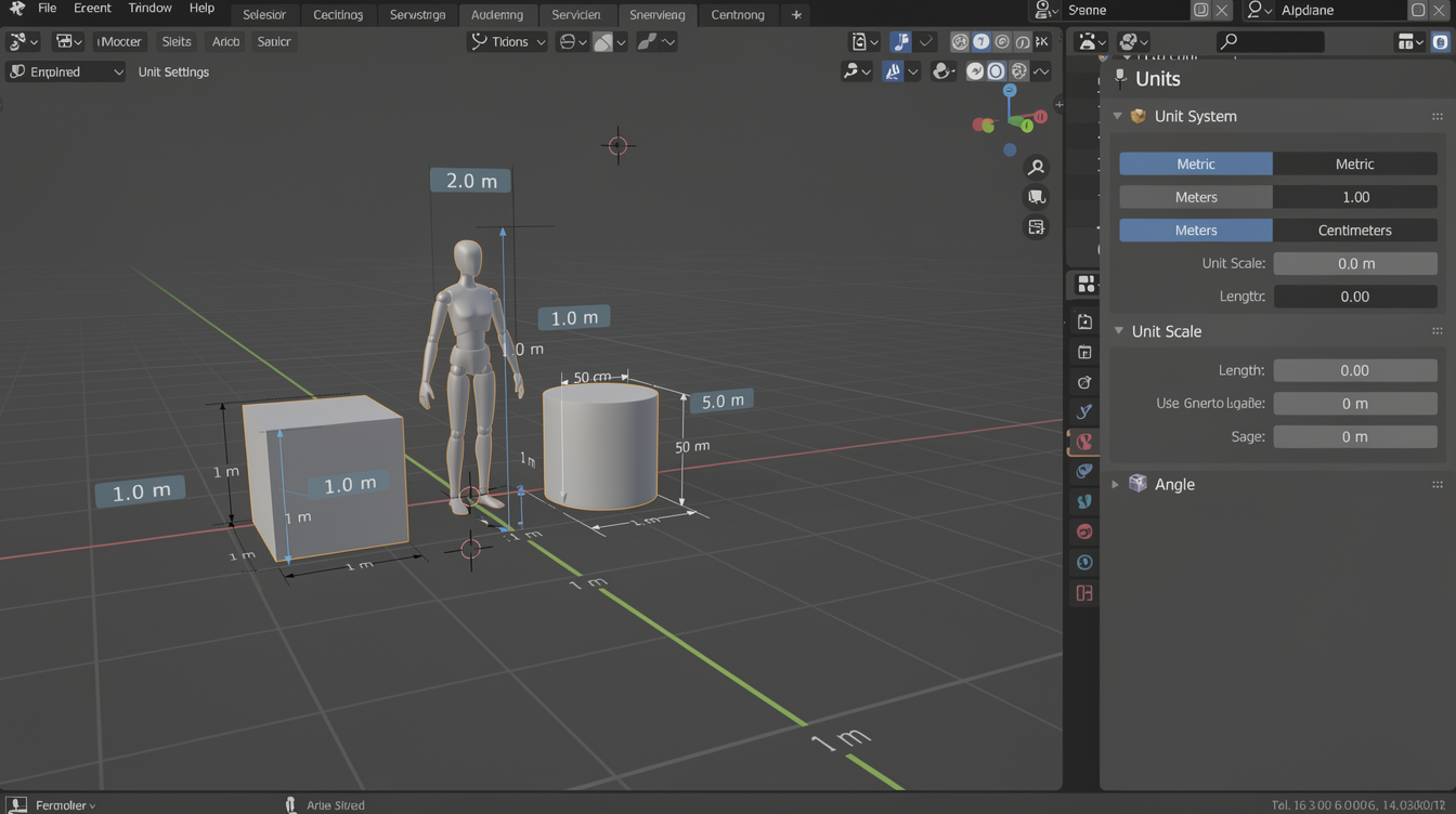 Blender에서 3D 씬 단위 설정과 미터법 단위가 적용된 모습
