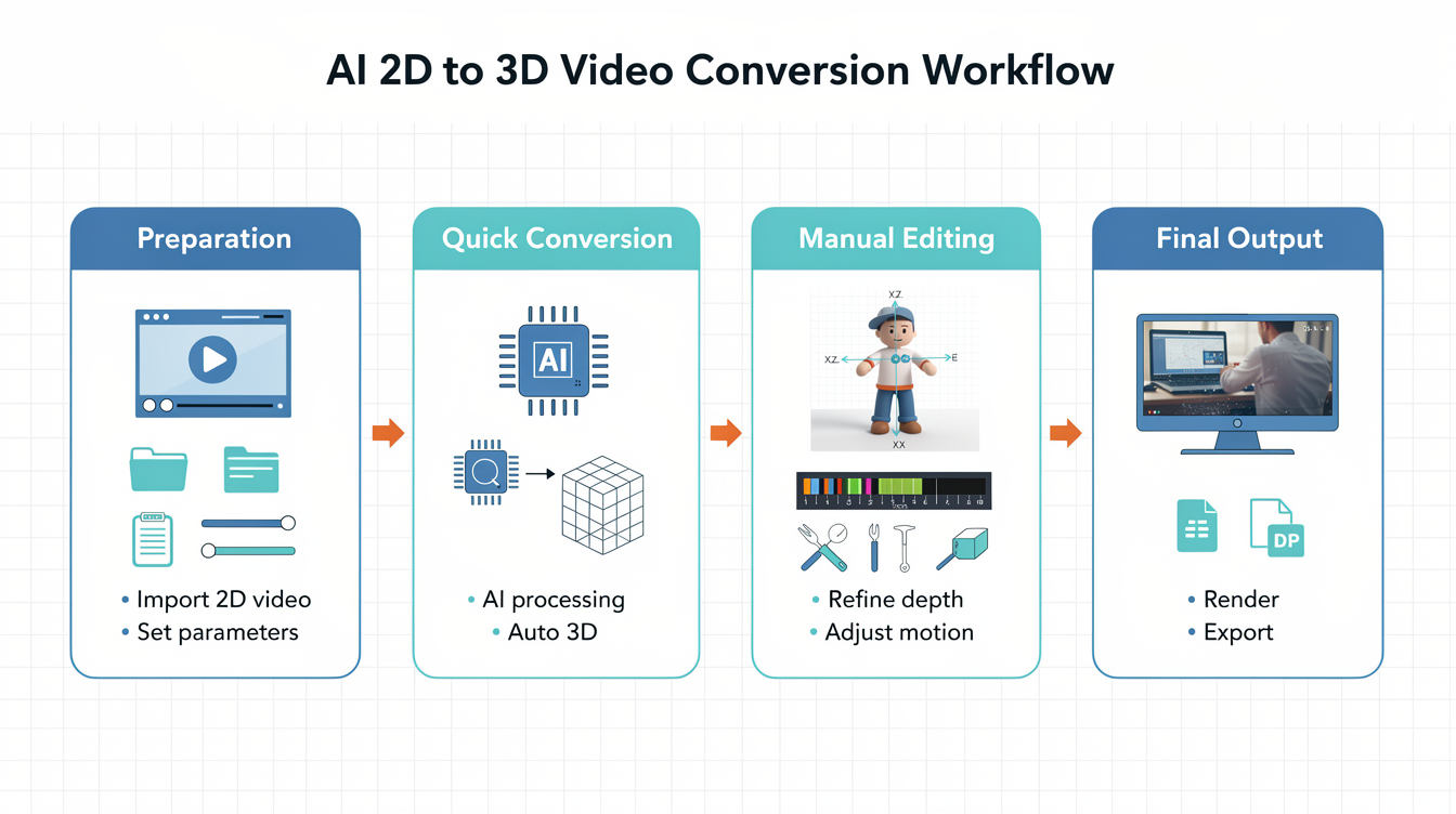 AI 2D 영상 3D 변환 방법의 단계별 워크플로우를 단계별로 보여주는 다이어그램 이미지